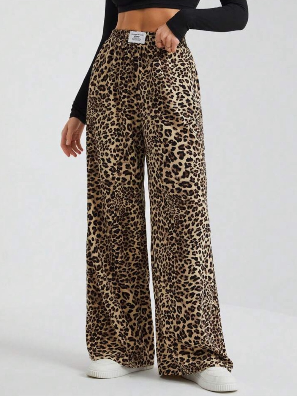 SHEIN Beige and Black Leopard Print Wide-Leg Pants